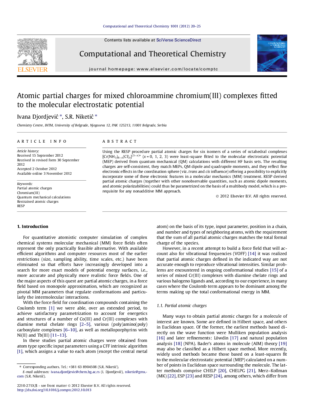 Atomic partial charges for mixed chloroammine chromium(III) complexes fitted to the molecular electrostatic potential