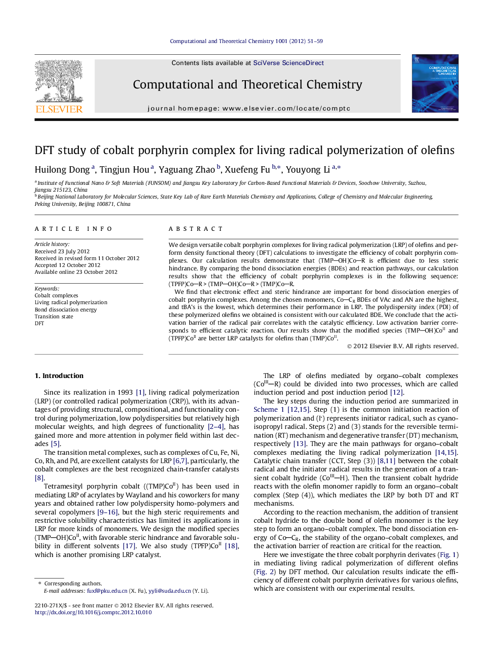 DFT study of cobalt porphyrin complex for living radical polymerization of olefins