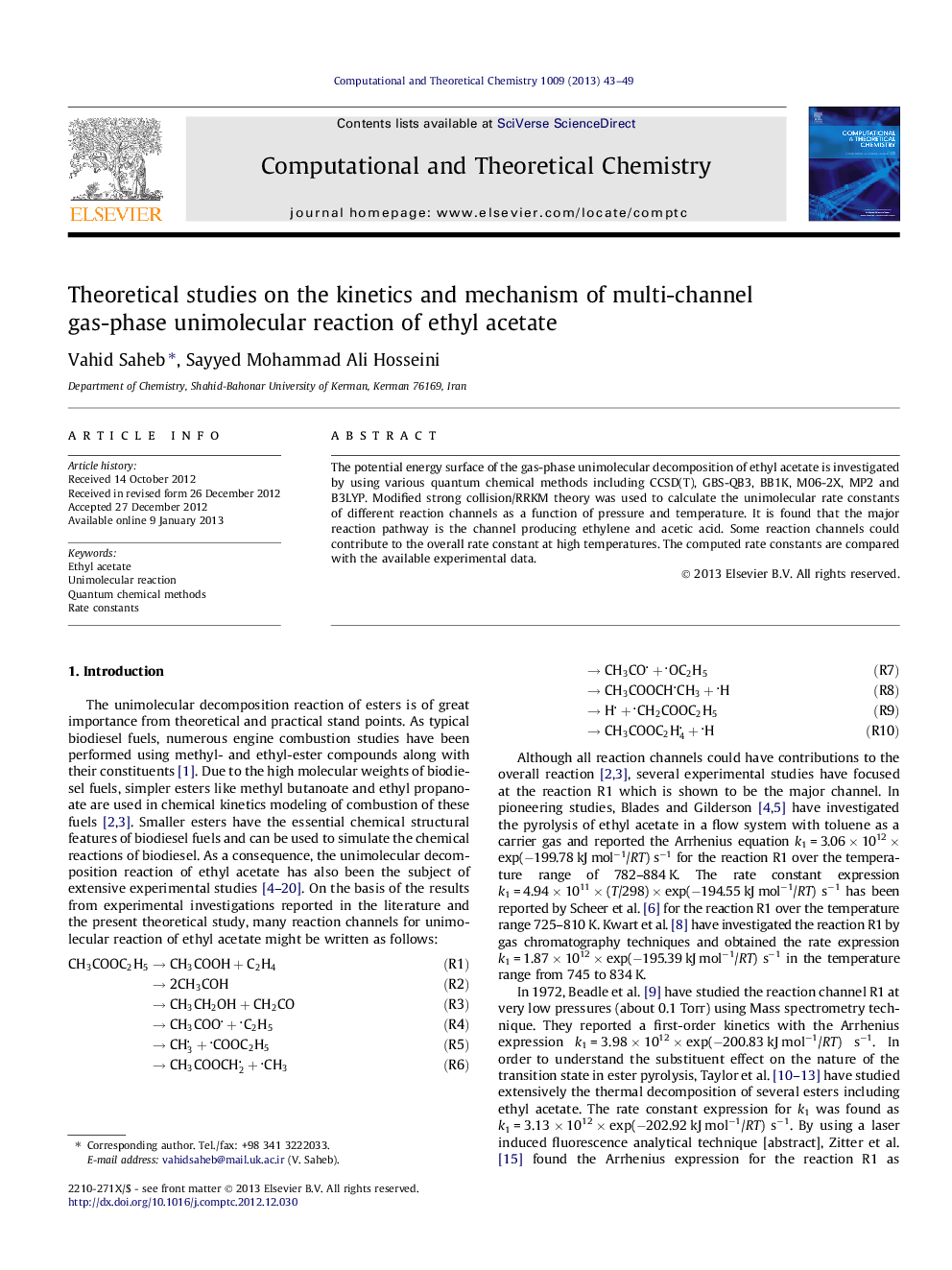 Theoretical studies on the kinetics and mechanism of multi-channel gas-phase unimolecular reaction of ethyl acetate