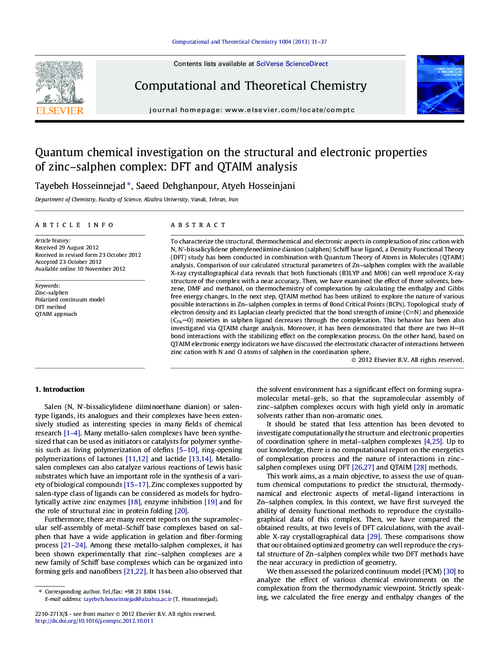 Quantum chemical investigation on the structural and electronic properties of zinc-salphen complex: DFT and QTAIM analysis