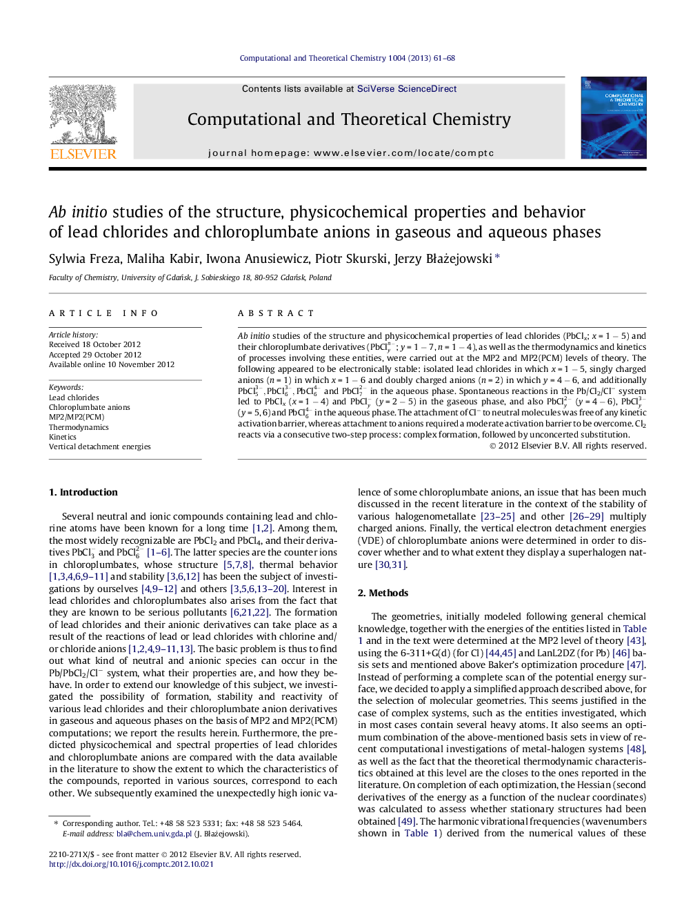 Ab initio studies of the structure, physicochemical properties and behavior of lead chlorides and chloroplumbate anions in gaseous and aqueous phases