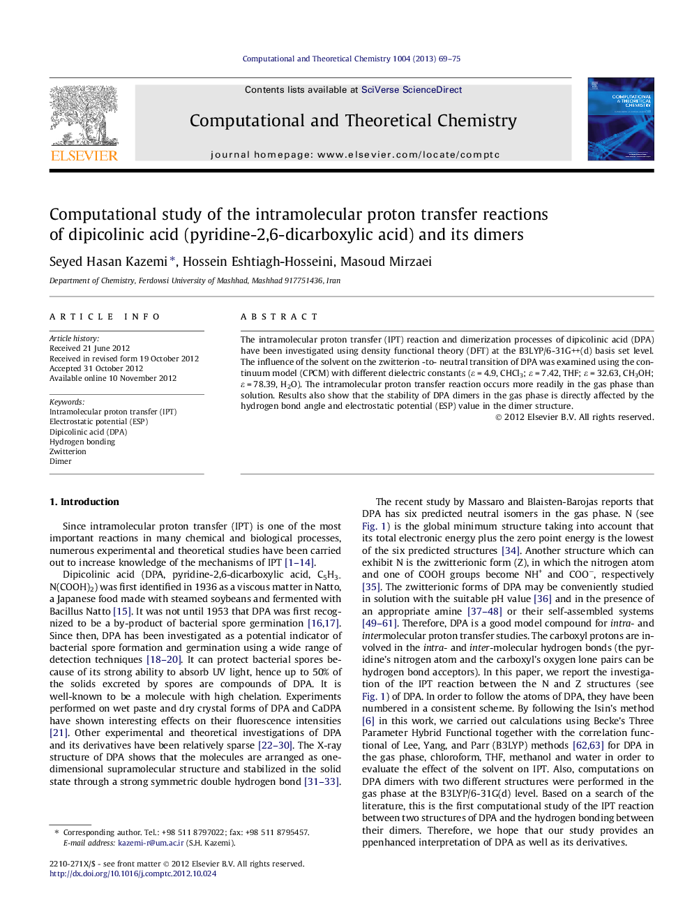 Computational study of the intramolecular proton transfer reactions of dipicolinic acid (pyridine-2,6-dicarboxylic acid) and its dimers