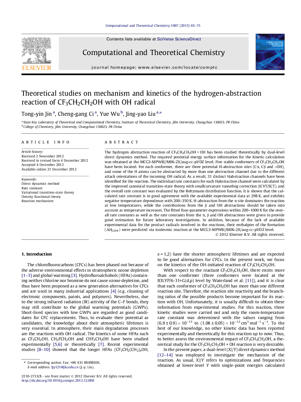 Theoretical studies on mechanism and kinetics of the hydrogen-abstraction reaction of CF3CH2CH2OH with OH radical