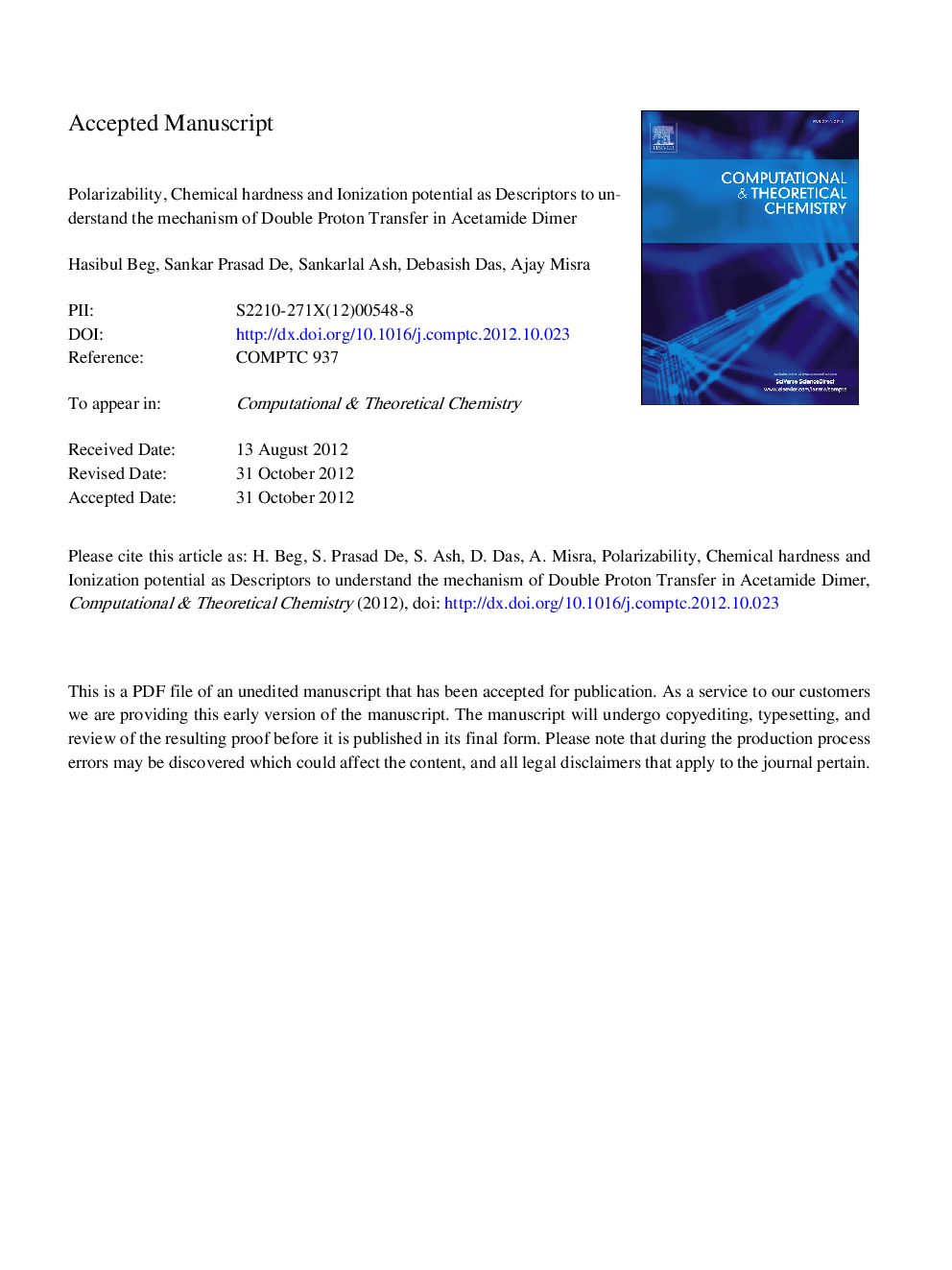 Polarizability, chemical hardness and ionization potential as descriptors to understand the mechanism of double proton transfer in acetamide dimer