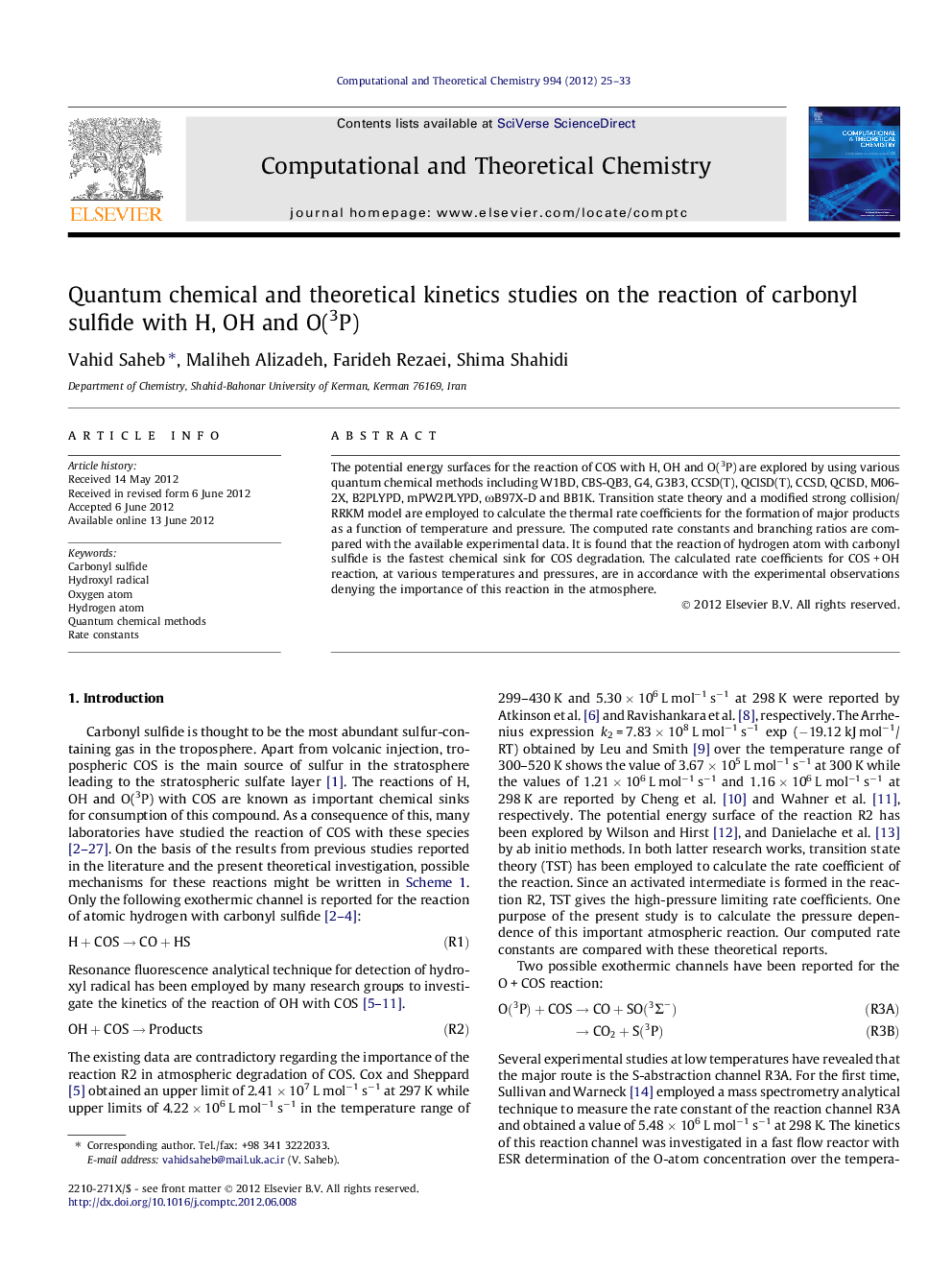 Quantum chemical and theoretical kinetics studies on the reaction of carbonyl sulfide with H, OH and O(3P)