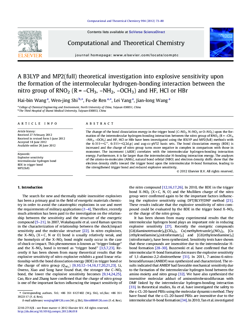 A B3LYP and MP2(full) theoretical investigation into explosive sensitivity upon the formation of the intermolecular hydrogen-bonding interaction between the nitro group of RNO2 (RÂ =Â -CH3, -NH2, -OCH3) and HF, HCl or HBr