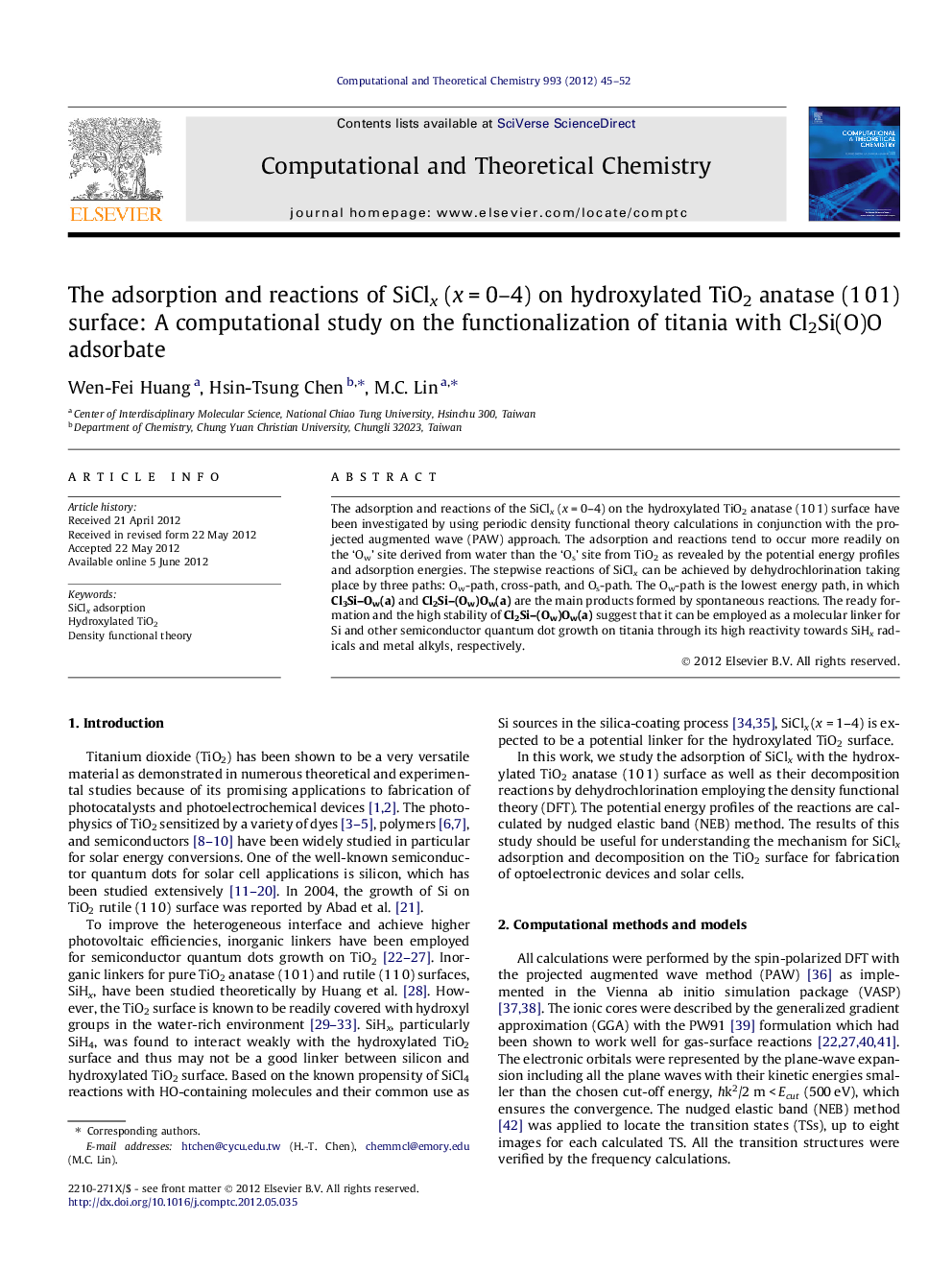 عکس صفحه اول مقاله: The adsorption and reactions of SiClx (x = 0-4) on hydroxylated TiO2 anatase (1 0 1) surface: A computational study on the functionalization of titania with Cl2Si(O)O adsorbate The adsorption and reactions of SiClx (x = 0-4) on hydroxylated TiO2 anatase (1 0 1) surface: A computational study on the functionalization of titania with Cl2Si(O)O adsorbate