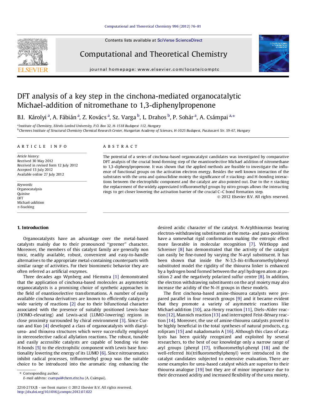 DFT analysis of a key step in the cinchona-mediated organocatalytic Michael-addition of nitromethane to 1,3-diphenylpropenone