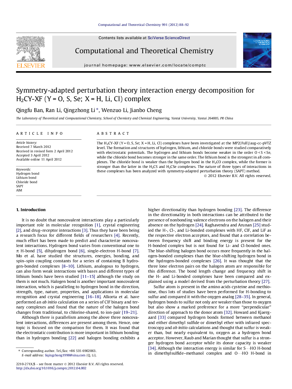 Symmetry-adapted perturbation theory interaction energy decomposition for H2CY-XF (YÂ =Â O, S, Se; XÂ =Â H, Li, Cl) complex