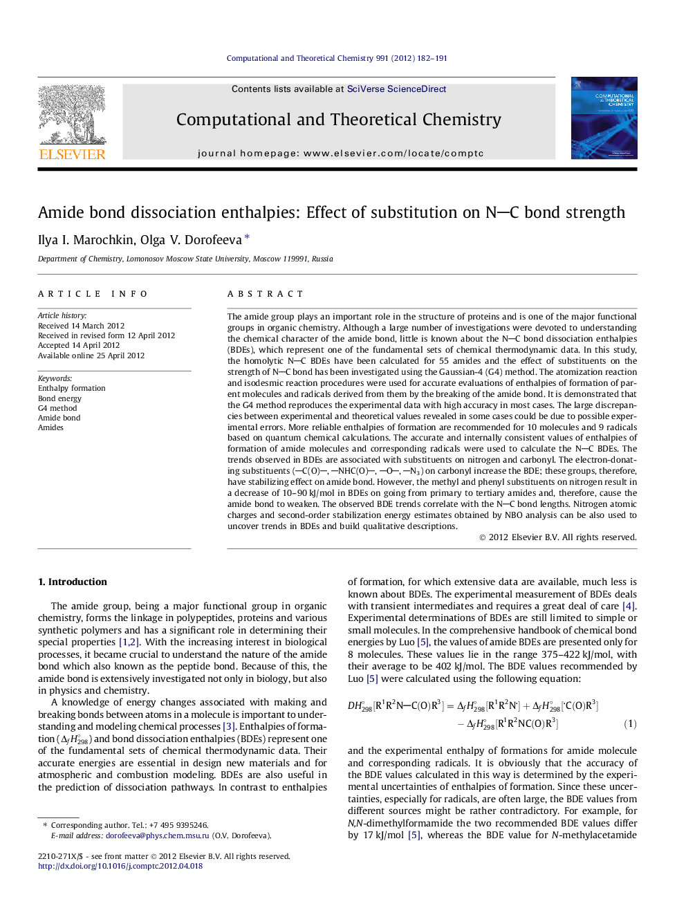 Amide bond dissociation enthalpies: Effect of substitution on NC bond strength