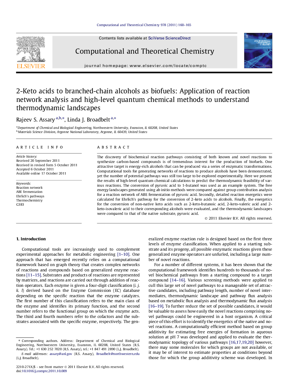 عکس صفحه اول مقاله: 2-Keto acids to branched-chain alcohols as biofuels: Application of reaction network analysis and high-level quantum chemical methods to understand thermodynamic landscapes 2-Keto acids to branched-chain alcohols as biofuels: Application of reaction network analysis and high-level quantum chemical methods to understand thermodynamic landscapes