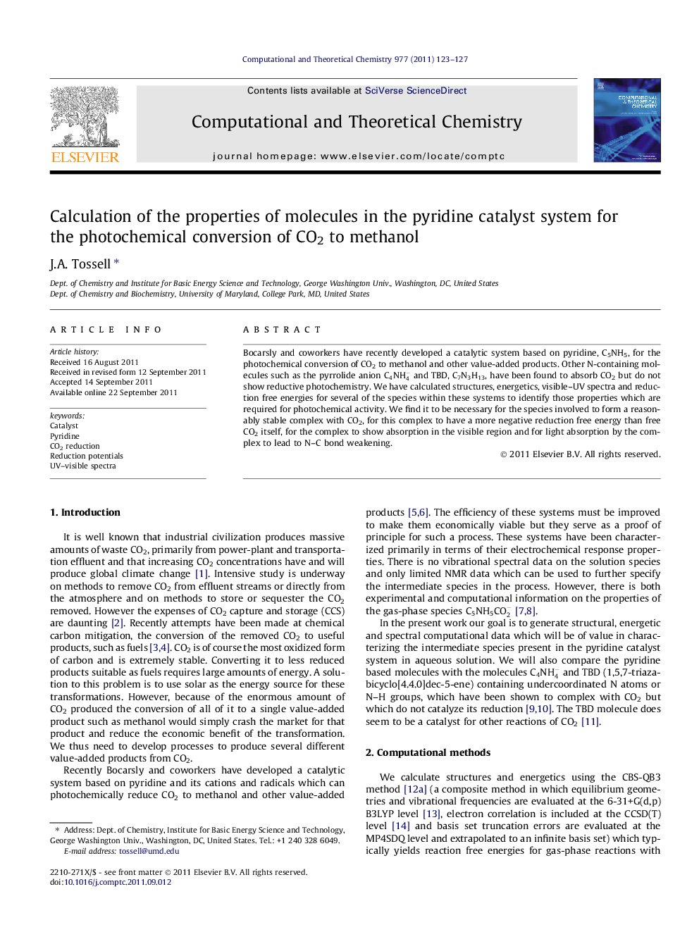 Calculation of the properties of molecules in the pyridine catalyst system for the photochemical conversion of CO2 to methanol