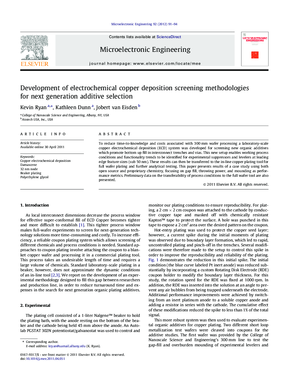 عکس صفحه اول مقاله: Development of electrochemical copper deposition screening methodologies for next generation additive selection Development of electrochemical copper deposition screening methodologies for next generation additive selection