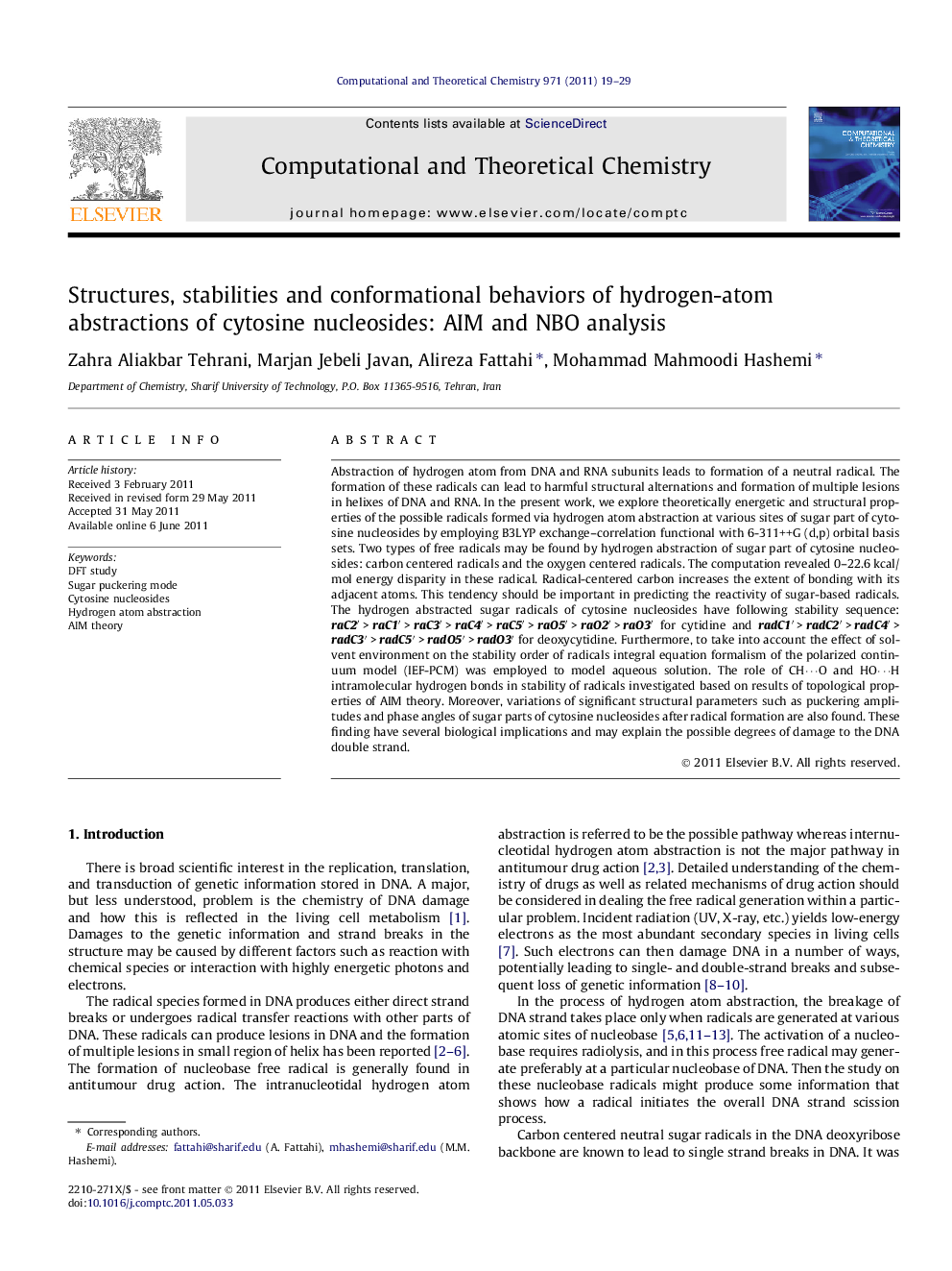 Structures, stabilities & conformational behaviors of hydrogen-atom abstractions of cytosine nucleosides: AIM & NBO analysis