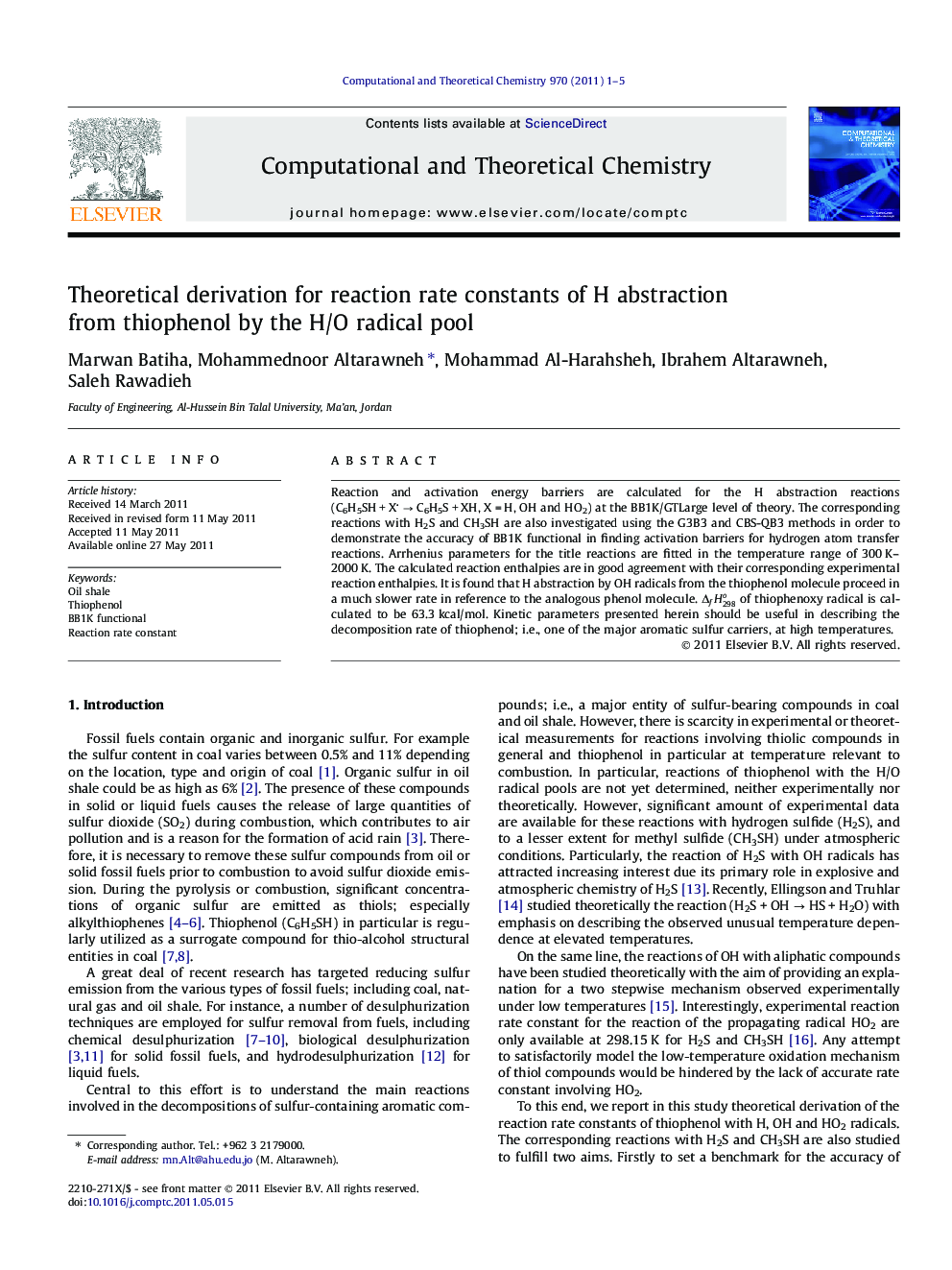 Theoretical derivation for reaction rate constants of H abstraction from thiophenol by the H/O radical pool