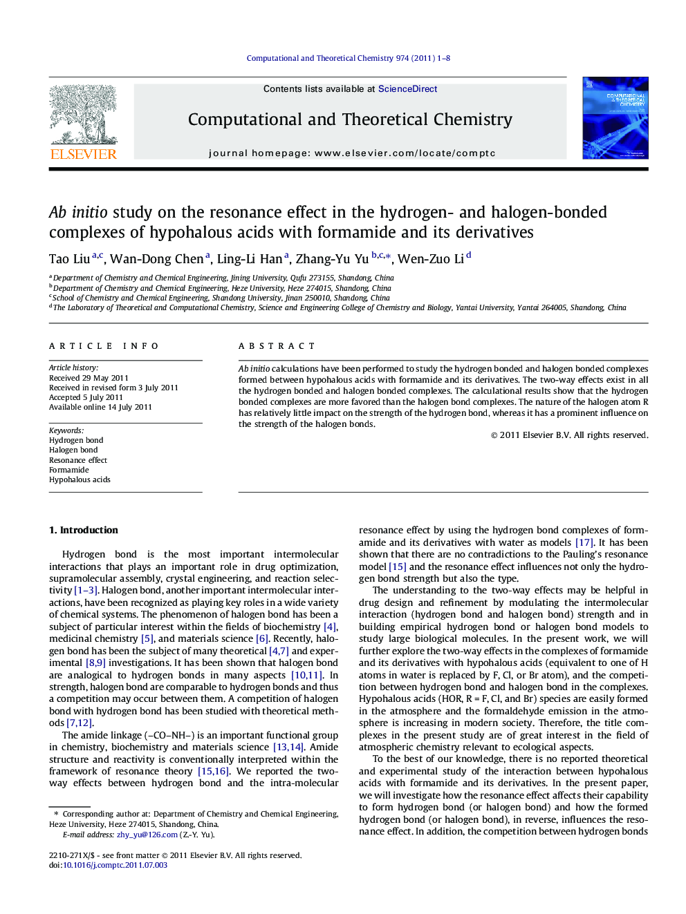 Ab initio study on the resonance effect in the hydrogen- and halogen-bonded complexes of hypohalous acids with formamide and its derivatives