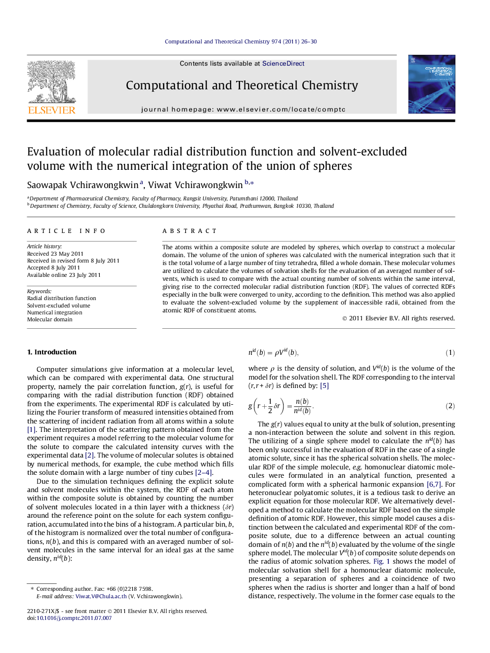 Evaluation of molecular radial distribution function and solvent-excluded volume with the numerical integration of the union of spheres