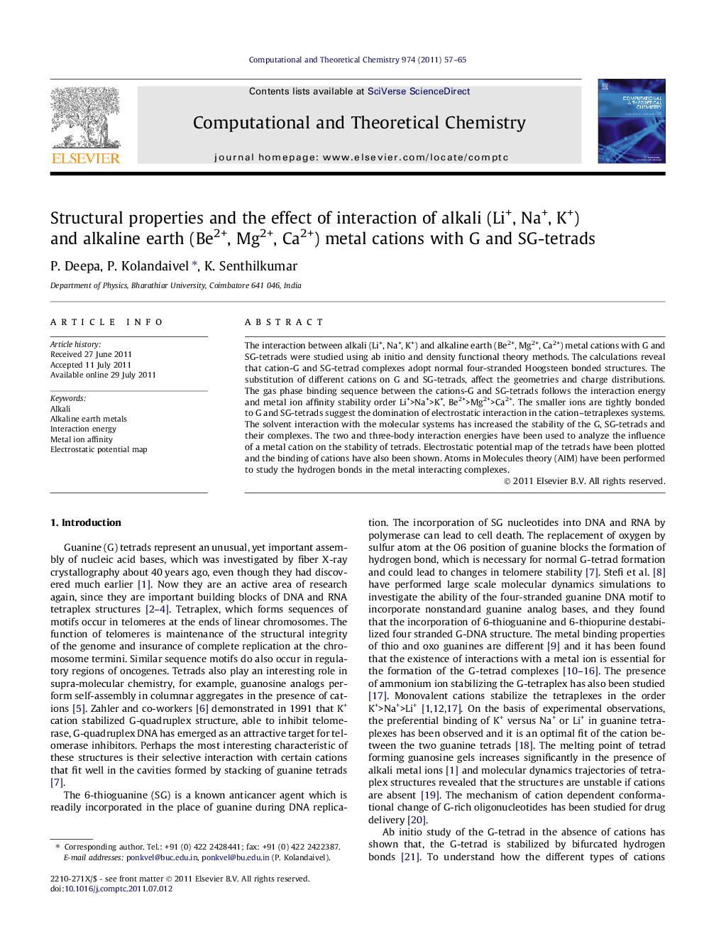 Structural properties and the effect of interaction of alkali (Li+, Na+, K+) and alkaline earth (Be2+, Mg2+, Ca2+) metal cations with G and SG-tetrads