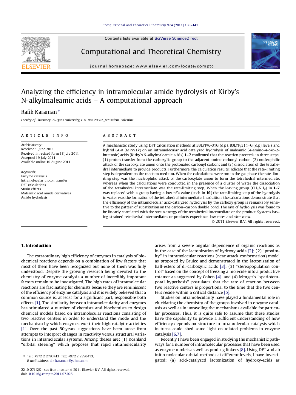 Analyzing the efficiency in intramolecular amide hydrolysis of Kirby's N-alkylmaleamic acids - A computational approach