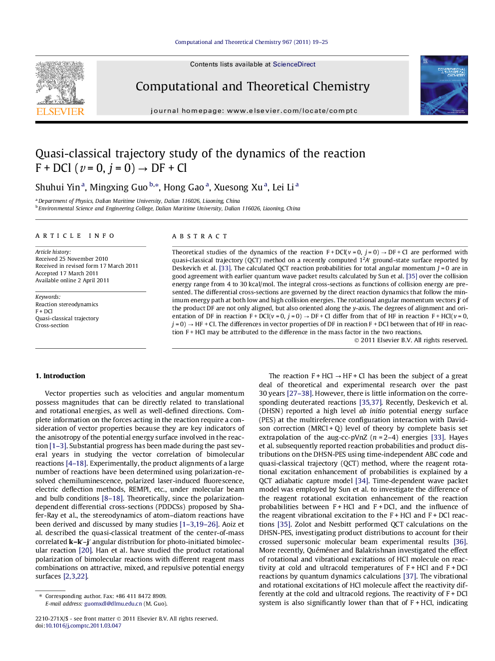 Quasi-classical trajectory study of the dynamics of the reaction FÂ +Â DCl (vÂ =Â 0, jÂ =Â 0)Â âÂ DFÂ +Â Cl