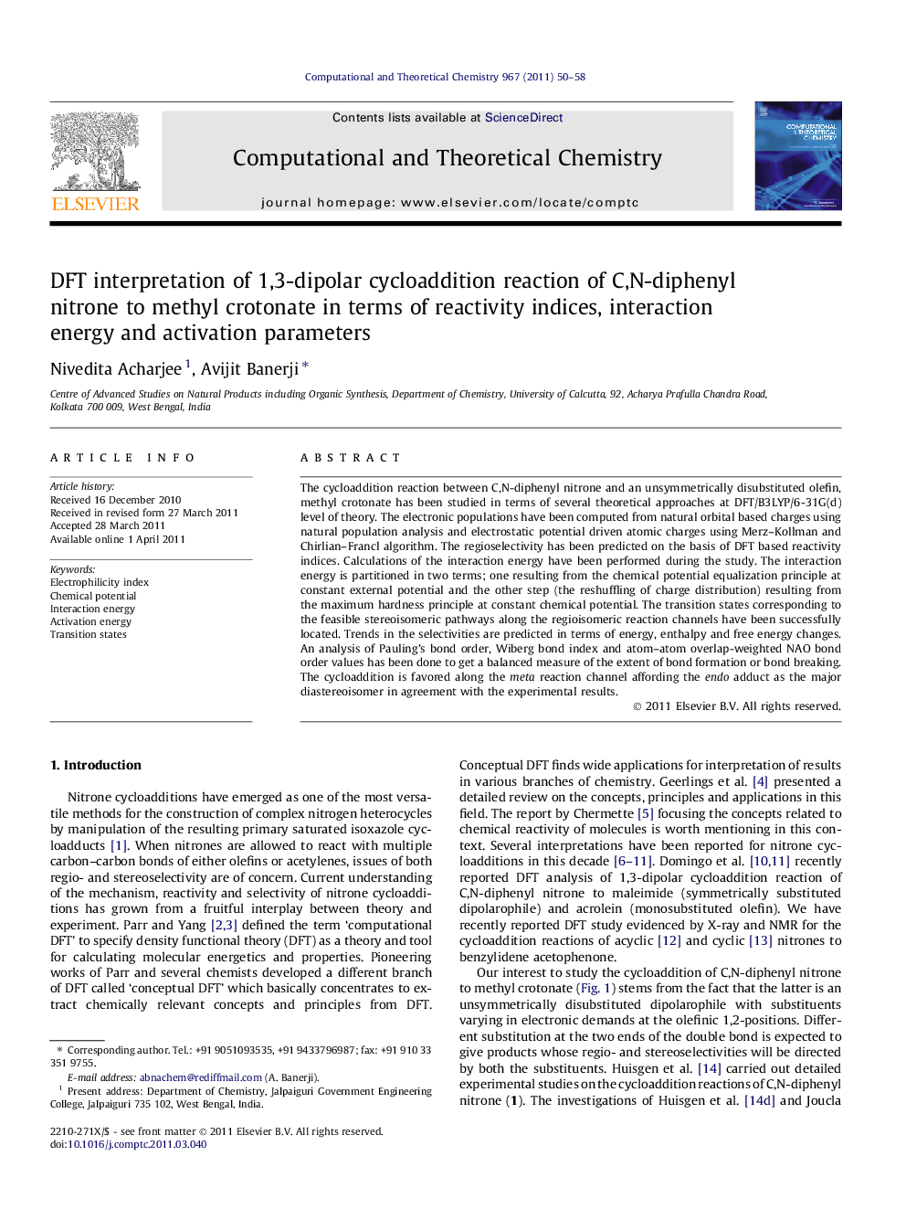 DFT interpretation of 1,3-dipolar cycloaddition reaction of C,N-diphenyl nitrone to methyl crotonate in terms of reactivity indices, interaction energy and activation parameters