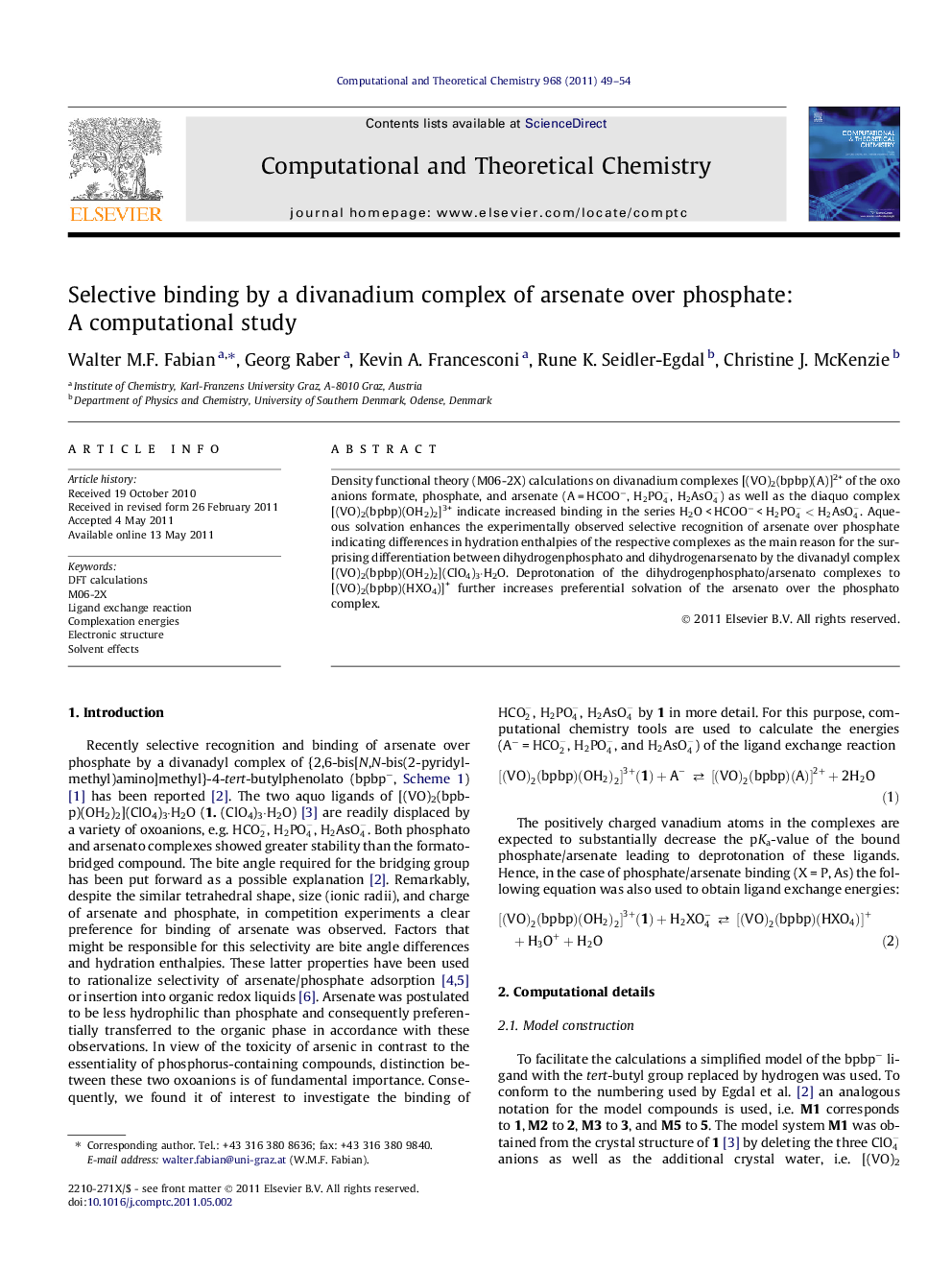 Selective binding by a divanadium complex of arsenate over phosphate: A computational study