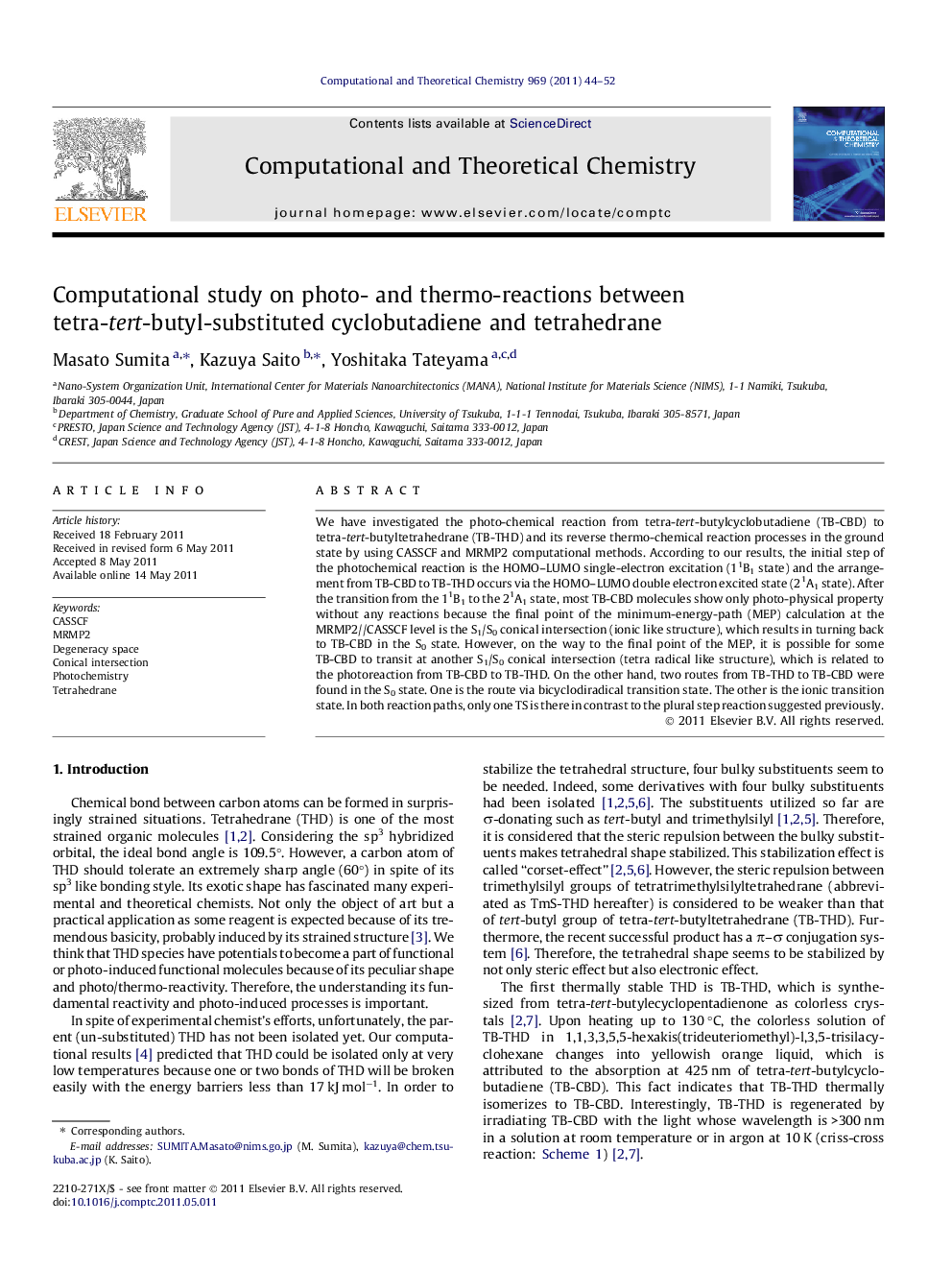 Computational study on photo- and thermo-reactions between tetra-tert-butyl-substituted cyclobutadiene and tetrahedrane