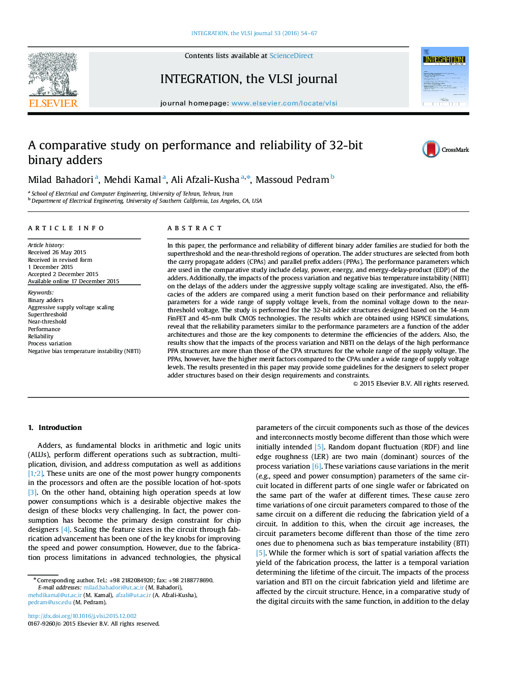 A comparative study on performance and reliability of 32-bit binary adders