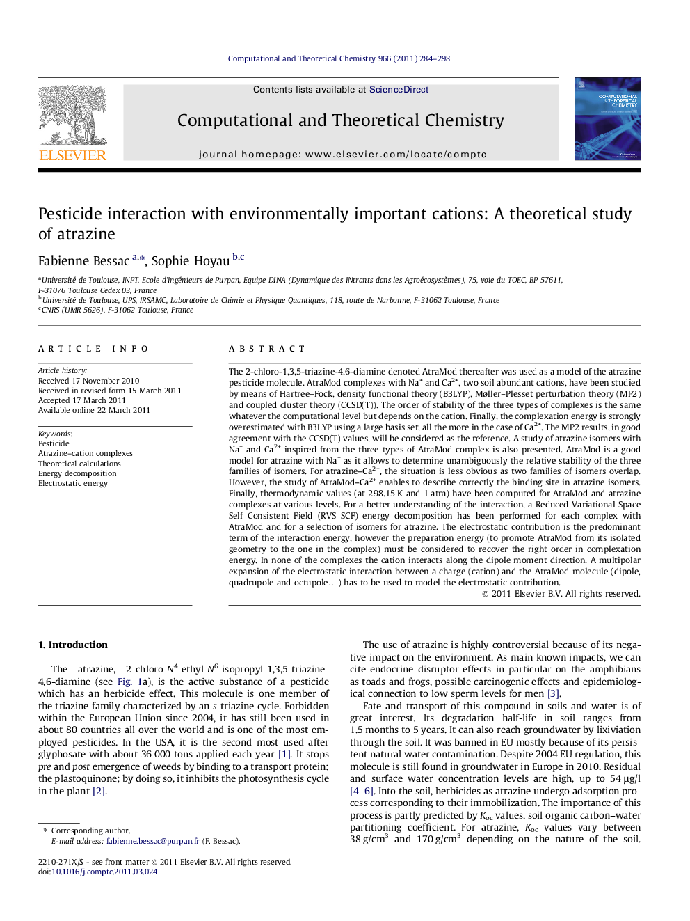 Pesticide interaction with environmentally important cations: A theoretical study of atrazine