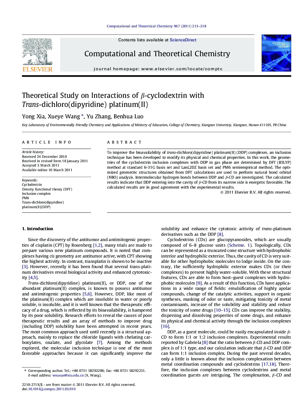 Theoretical Study on Interactions of Î²-cyclodextrin with Trans-dichloro(dipyridine) platinum(II)
