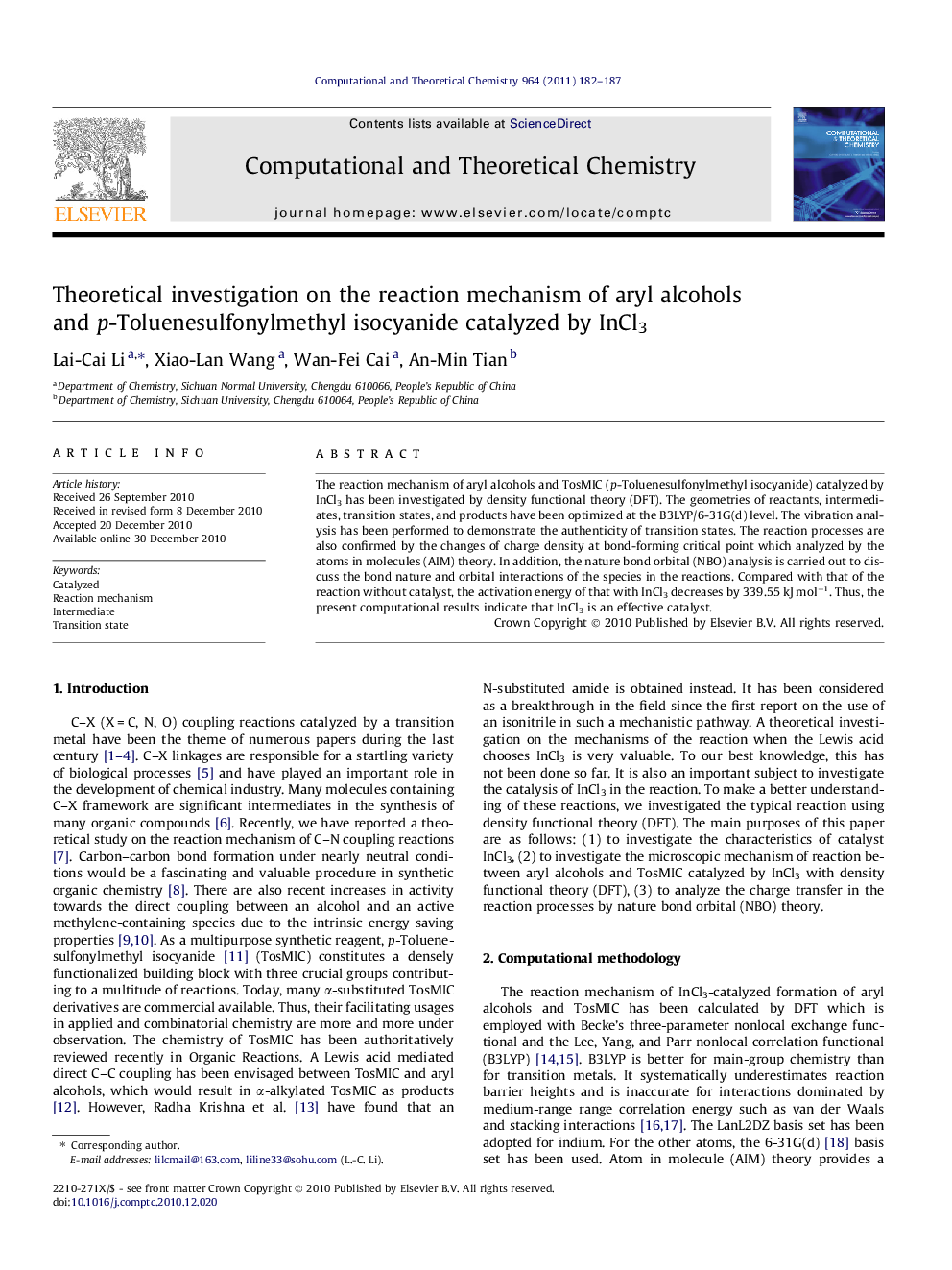 Theoretical investigation on the reaction mechanism of aryl alcohols and p-Toluenesulfonylmethyl isocyanide catalyzed by InCl3