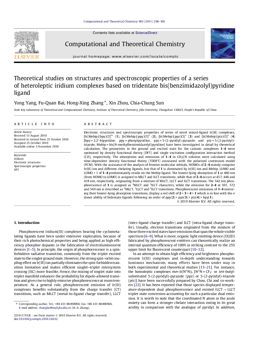 Theoretical studies on structures and spectroscopic properties of a series of heteroleptic iridium complexes based on tridentate bis(benzimidazolyl)pyridine ligand