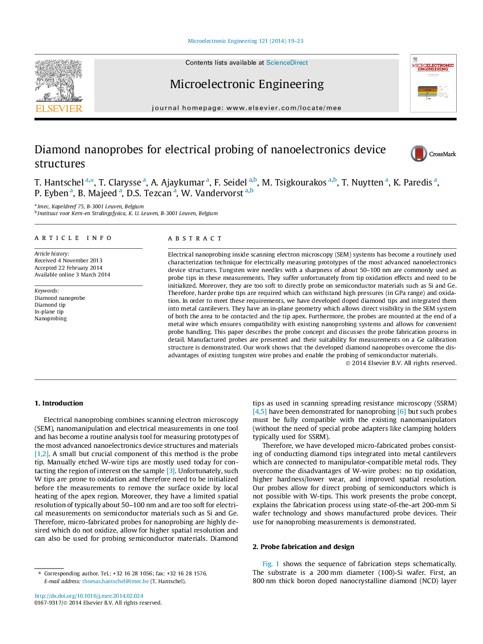 Diamond nanoprobes for electrical probing of nanoelectronics device structures