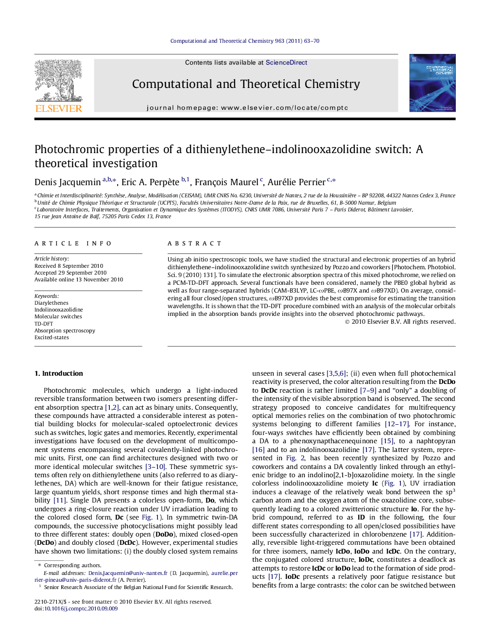 Photochromic properties of a dithienylethene-indolinooxazolidine switch: A theoretical investigation