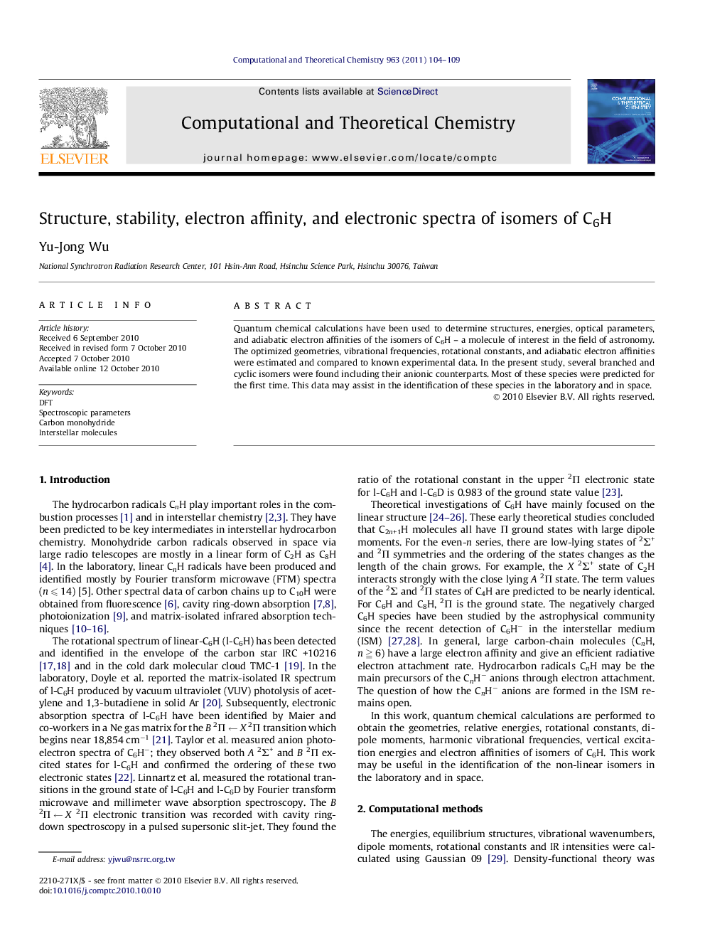 Structure, stability, electron affinity, and electronic spectra of isomers of C6H