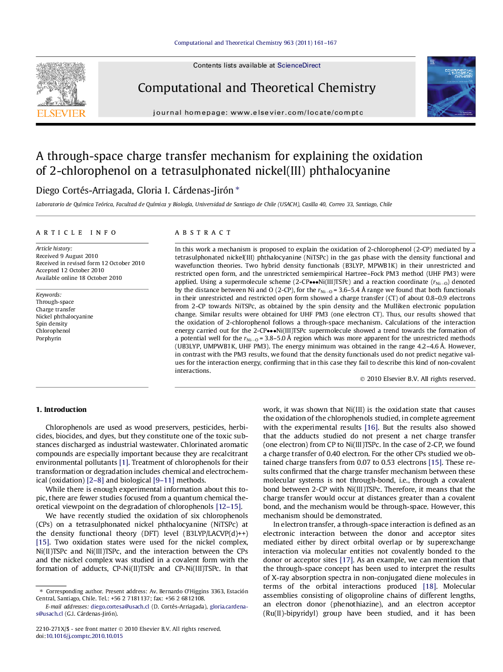 A through-space charge transfer mechanism for explaining the oxidation of 2-chlorophenol on a tetrasulphonated nickel(III) phthalocyanine