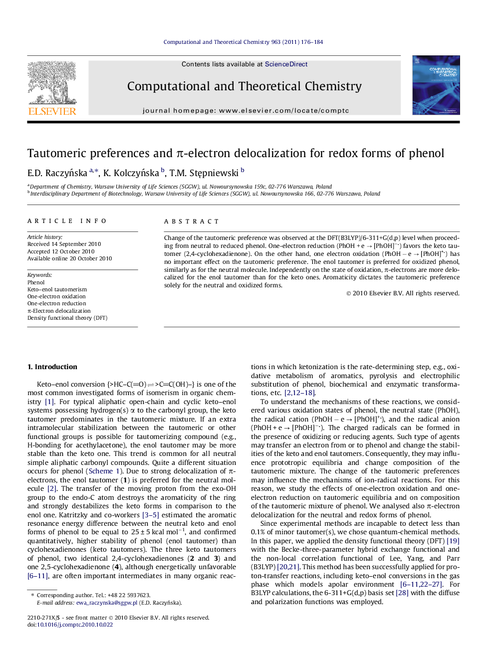 Tautomeric preferences and Ï-electron delocalization for redox forms of phenol