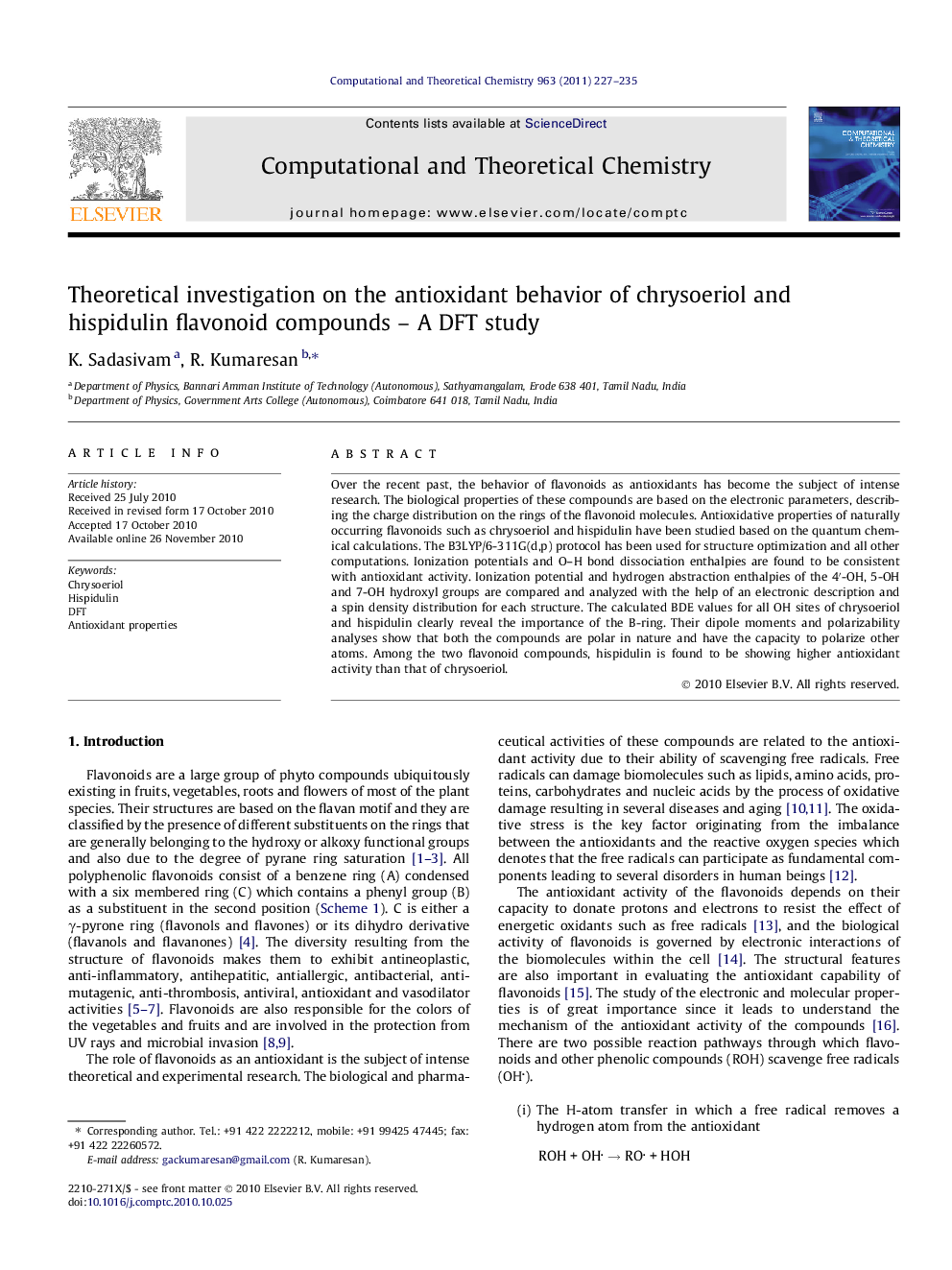 Theoretical investigation on the antioxidant behavior of chrysoeriol and hispidulin flavonoid compounds - A DFT study