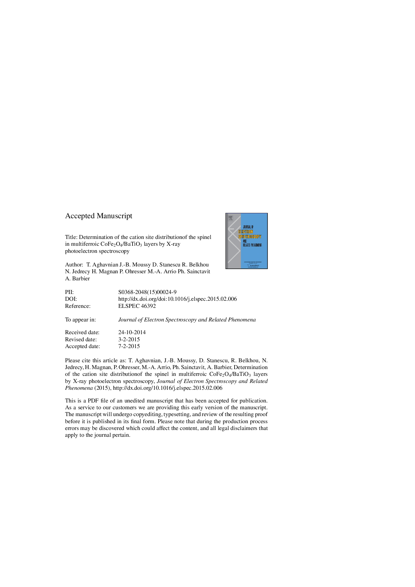 Determination of the cation site distribution of the spinel in multiferroic CoFe2O4/BaTiO3 layers by X-ray photoelectron spectroscopy