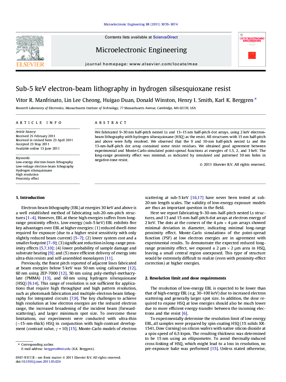 عکس صفحه اول مقاله: Sub-5 keV electron-beam lithography in hydrogen silsesquioxane resist Sub-5 keV electron-beam lithography in hydrogen silsesquioxane resist