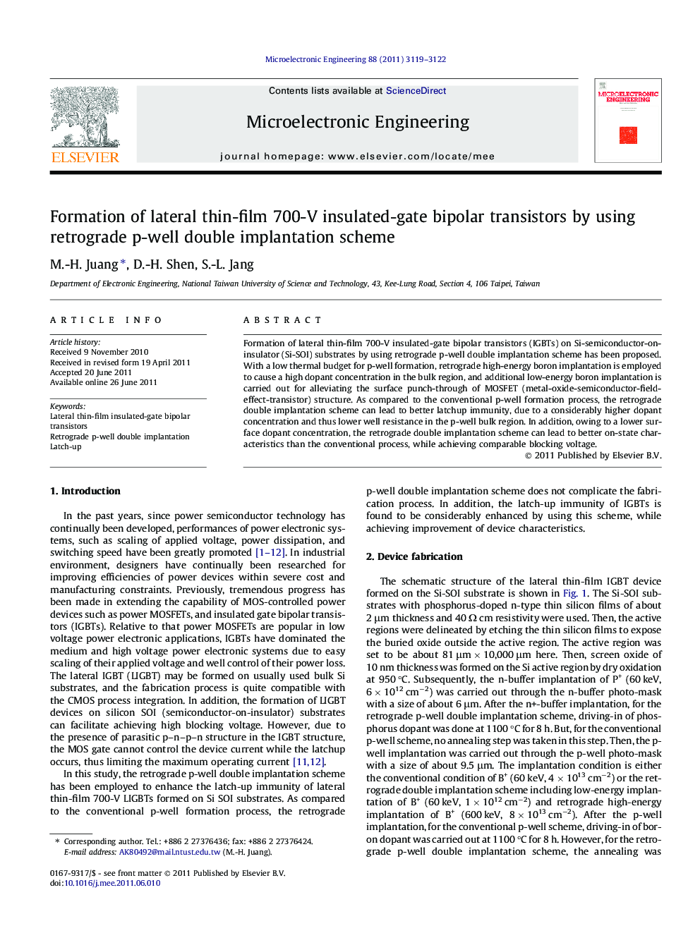 Formation of lateral thin-film 700-V insulated-gate bipolar transistors by using retrograde p-well double implantation scheme