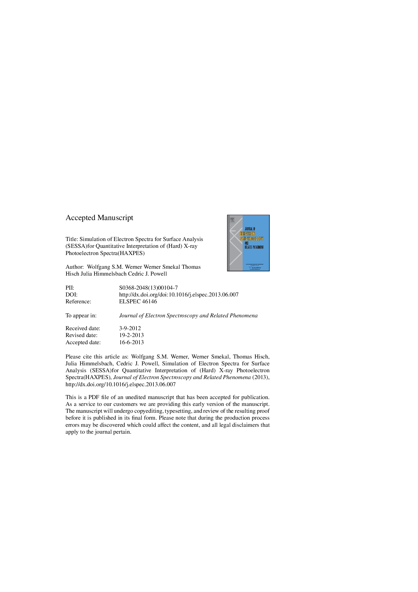 Simulation of Electron Spectra for Surface Analysis (SESSA)for quantitative interpretation of (hard) X-ray photoelectron spectra(HAXPES)