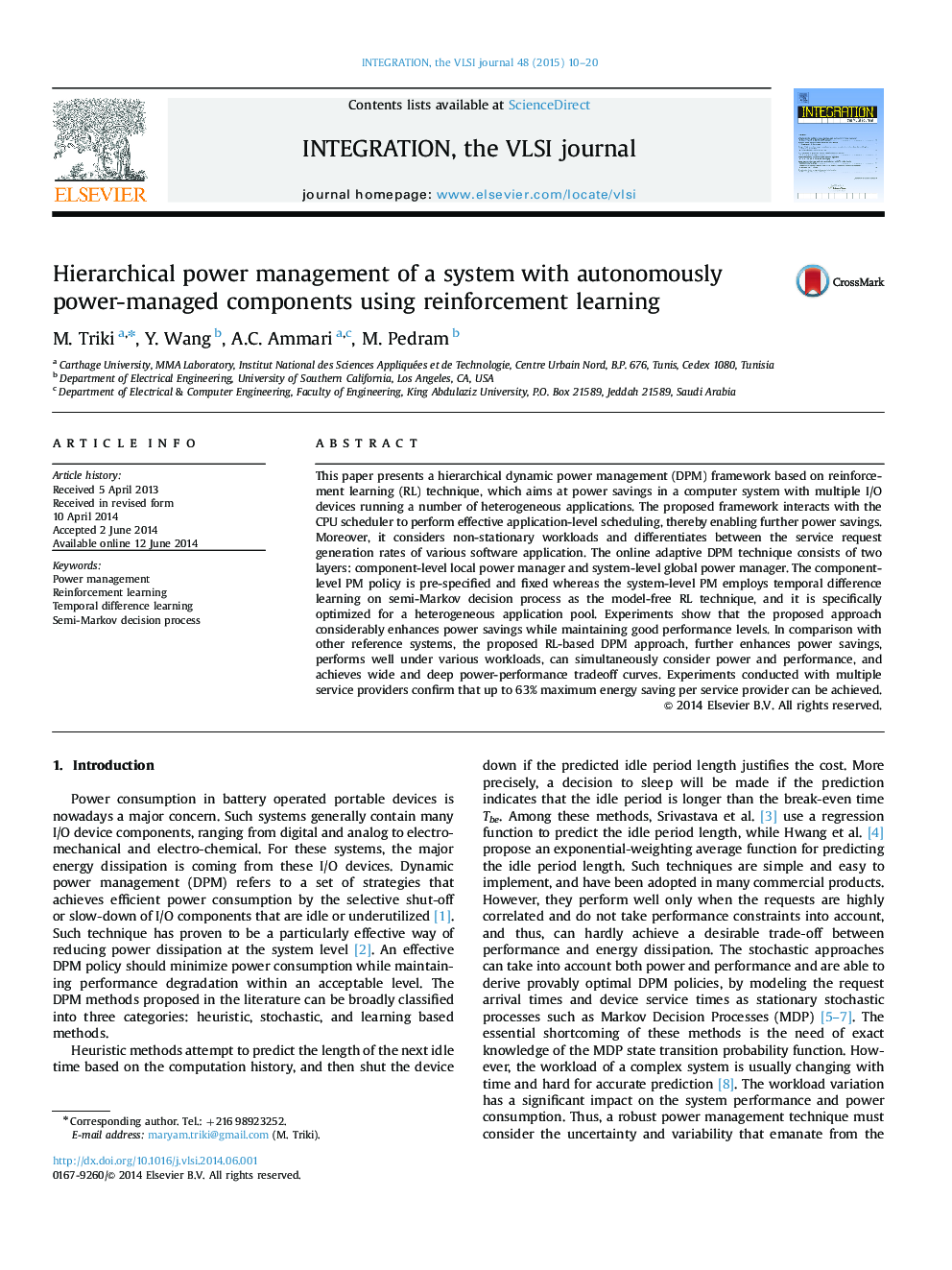 Hierarchical power management of a system with autonomously power-managed components using reinforcement learning