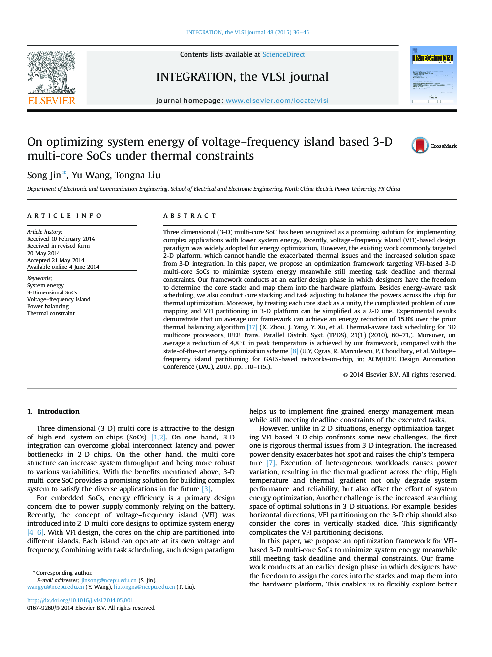 On optimizing system energy of voltage–frequency island based 3-D multi-core SoCs under thermal constraints
