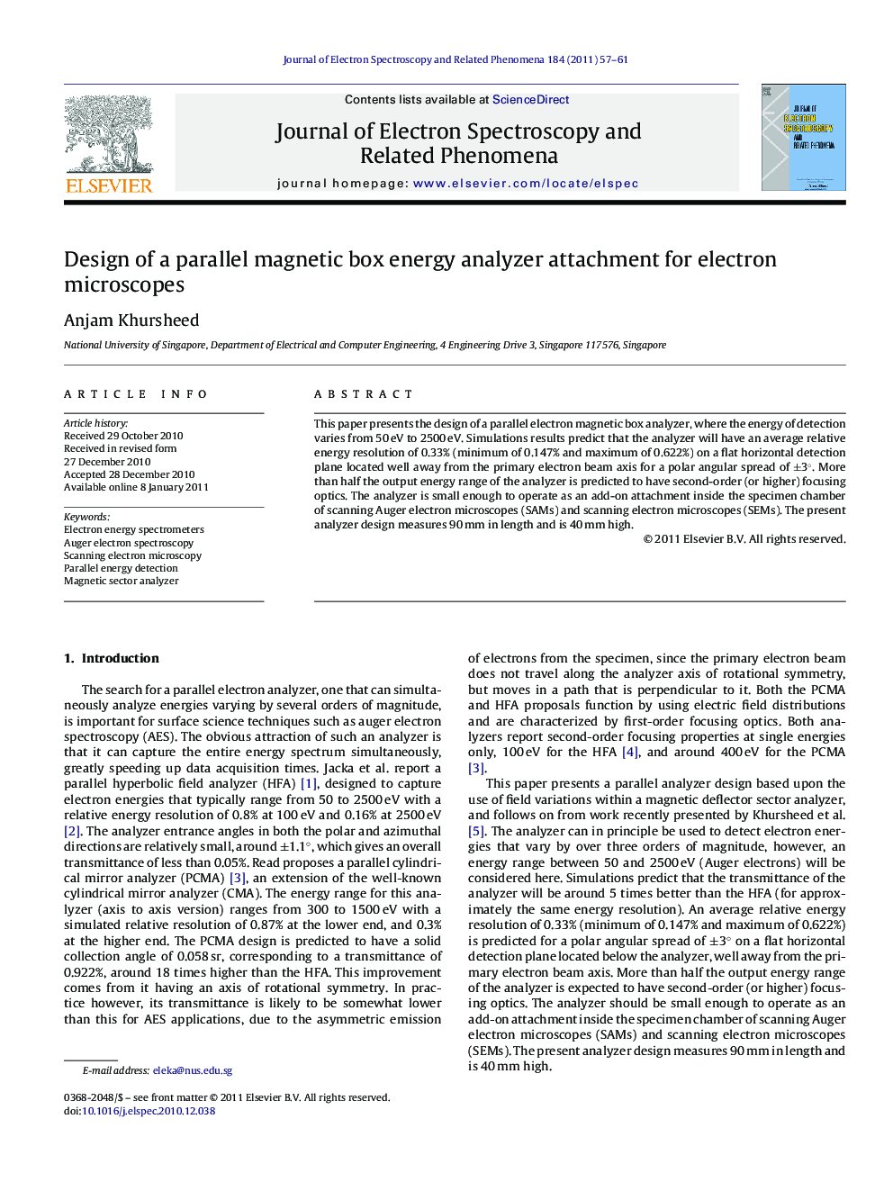 Design of a parallel magnetic box energy analyzer attachment for electron microscopes