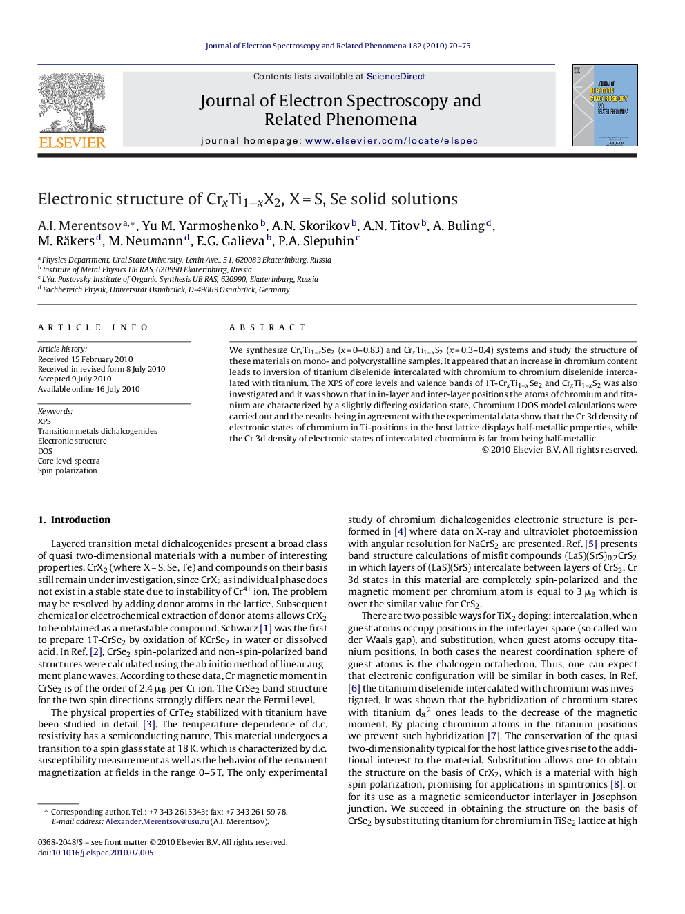 Electronic structure of CrxTi1âxX2, XÂ =Â S, Se solid solutions