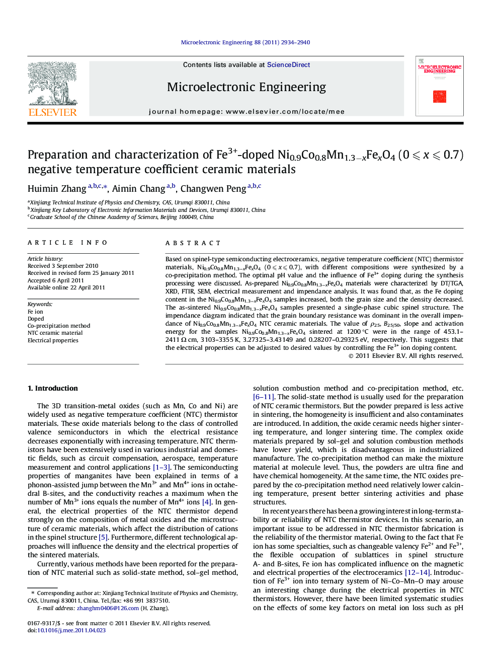 Preparation and characterization of Fe3+-doped Ni0.9Co0.8Mn1.3−xFexO4 (0 ≤ x ≤ 0.7) negative temperature coefficient ceramic materials