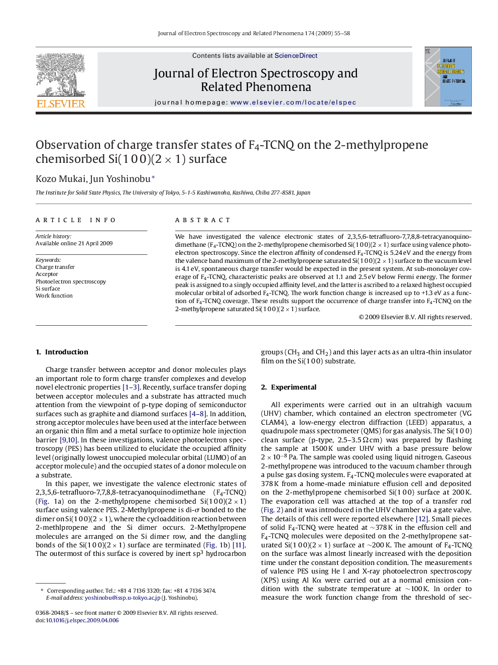 Observation of charge transfer states of F4-TCNQ on the 2-methylpropene chemisorbed Si(1Â 0Â 0)(2Â ÃÂ 1) surface