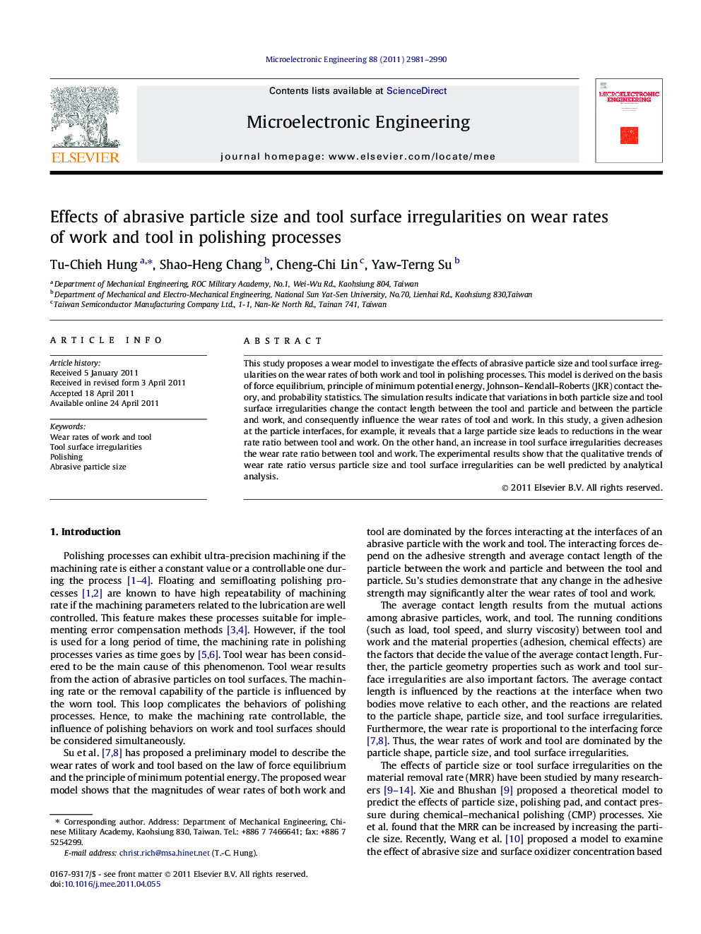 Effects of abrasive particle size and tool surface irregularities on wear rates of work and tool in polishing processes