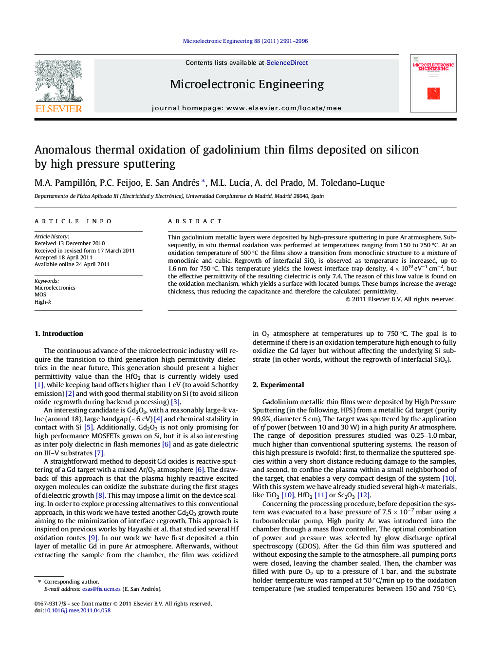 Anomalous thermal oxidation of gadolinium thin films deposited on silicon by high pressure sputtering